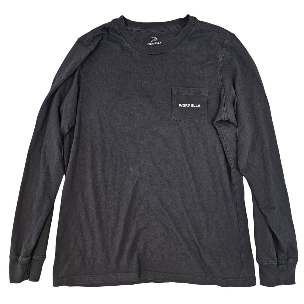 Ivory Ella Mens‎ Long Sleeve Pocket T-Shirt Organic Cotton Black Elephant Logo L